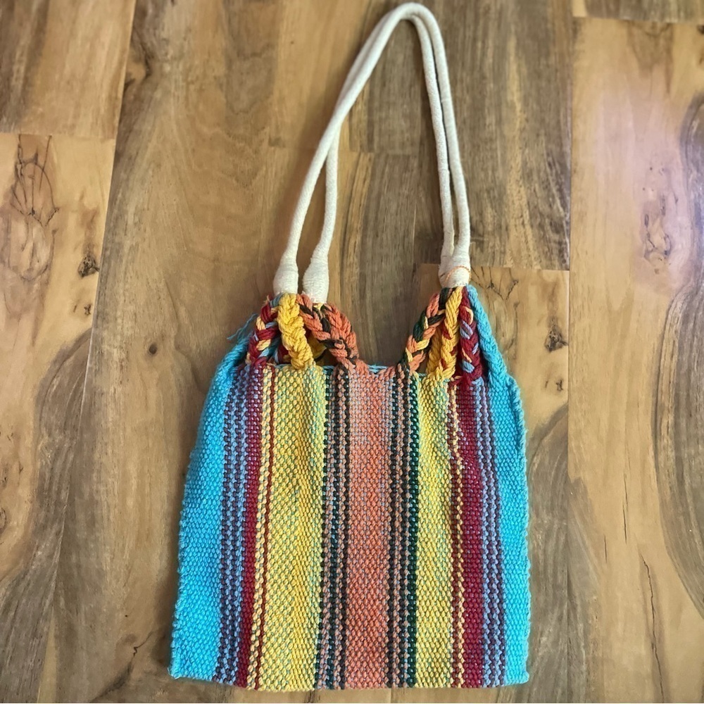 Handwoven Chiapas Loom Cotton Tote Bag Multicolor Festival Summer - Picture 2 of 6